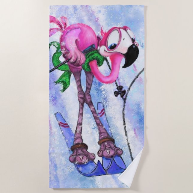 Funny Beach Towel with Pink Flamingo Skier (Front)