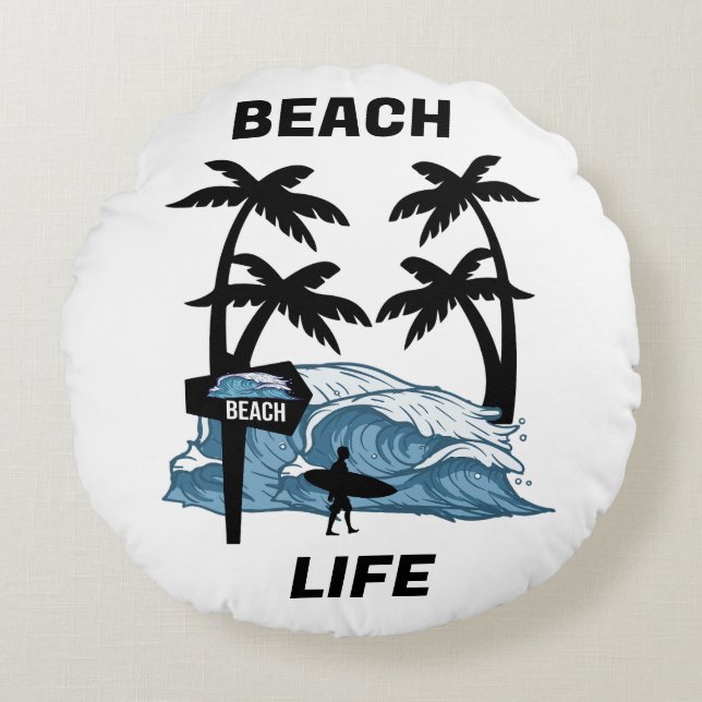 Funny Beach Wave Round Pillow (Front)