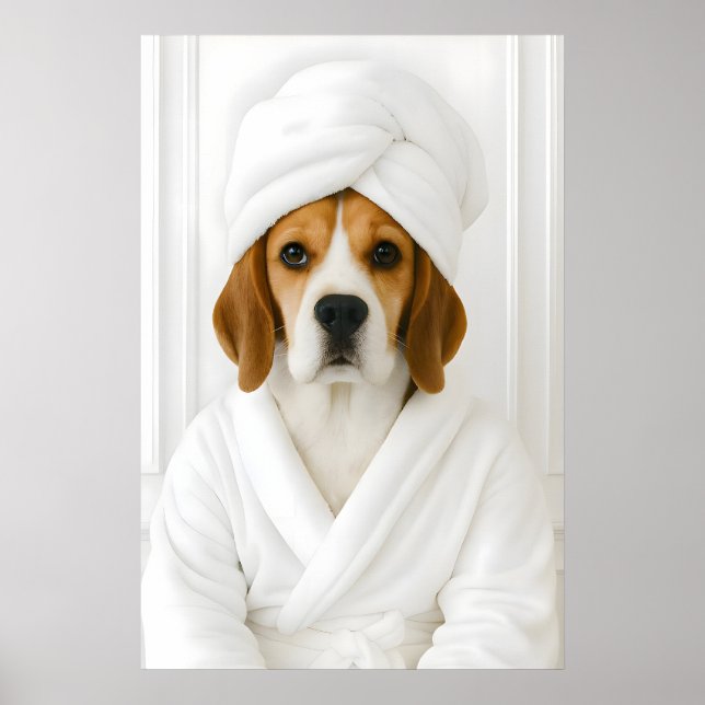 Funny Beagle Bathroom Print, Beagle In Bathrobe Poster (Front)