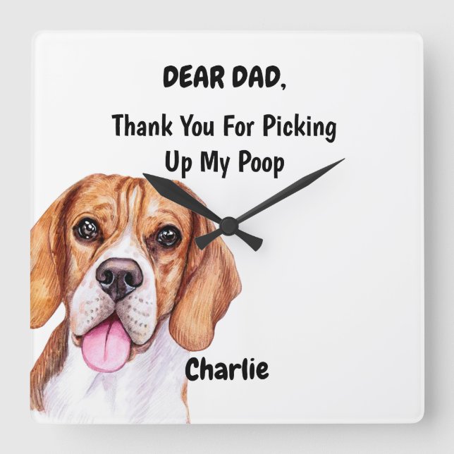 Funny Beagle Dad Watercolor Canine Art Square Wall Clock (Front)