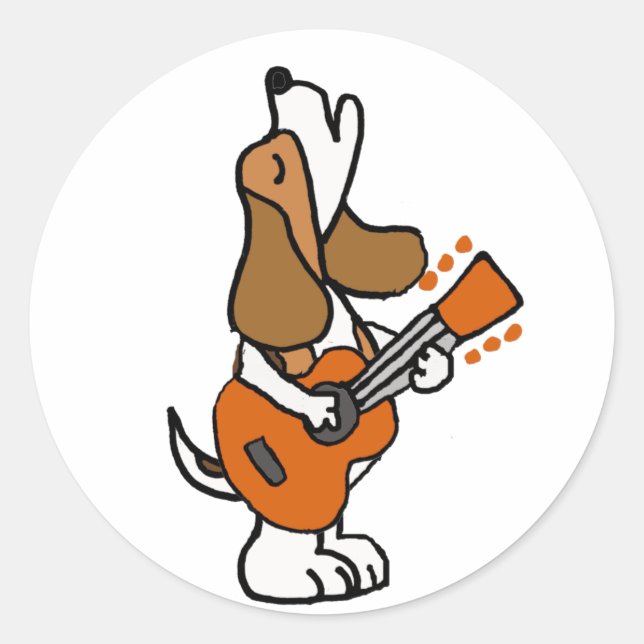 Funny Beagle Dog Singing and Playing Guitar Classic Round Sticker (Front)