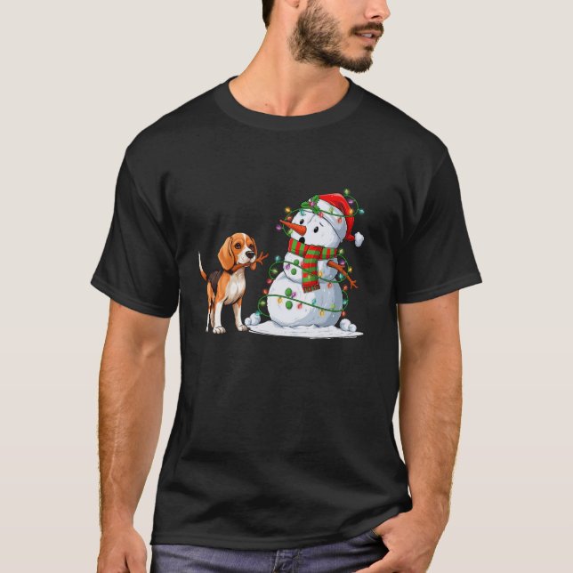 Funny Beagle Dog Snowman Christmas Tree Lights Xma T-Shirt (Front)