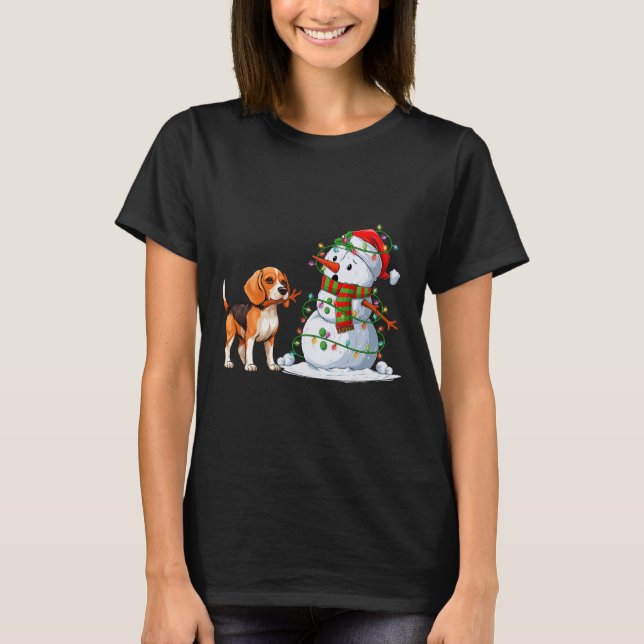 Funny Beagle Dog Snowman Christmas Tree Lights Xma T-Shirt (Front)
