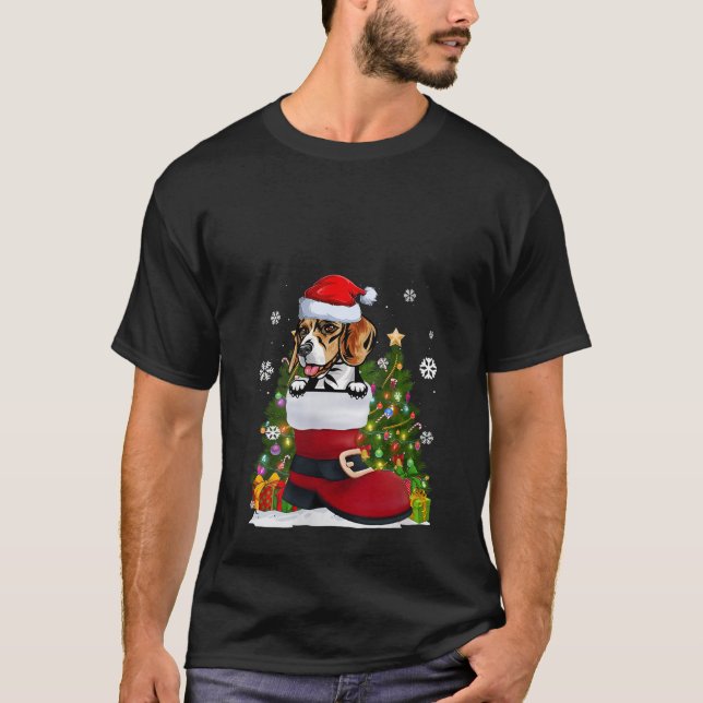 Funny Beagle in the Shoe Santa Hat Ugly Christmas  T-Shirt (Front)