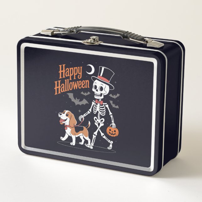 Funny Beagle Skeleton Dog Walking Metal Lunch Box (Front)