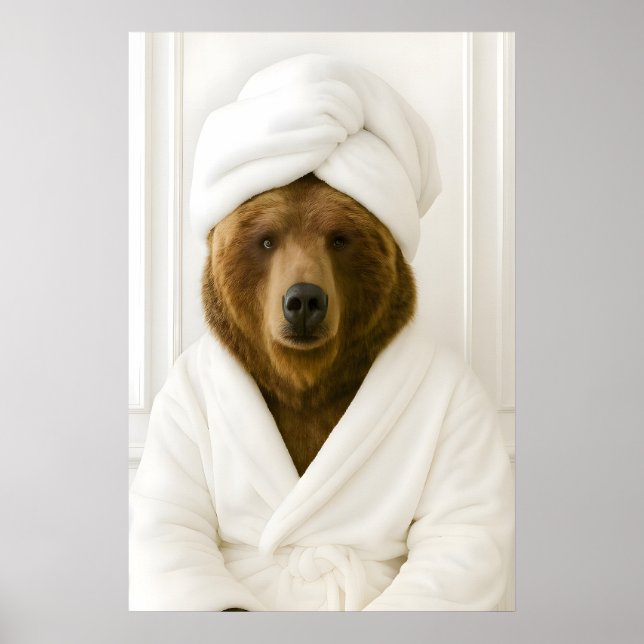 Funny Bear Bathroom Print, Bear In Bathrobe Poster (Front)