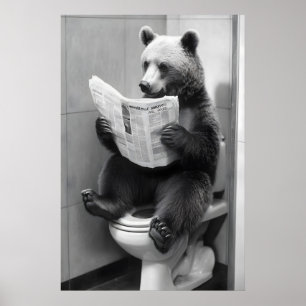 Funny Bear Bathroom Print, Toilet Newspaper Poster
