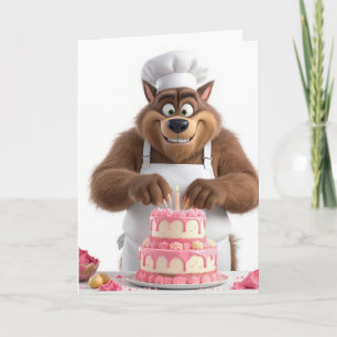 Funny Bear Chef Baking Birthday Cake Card