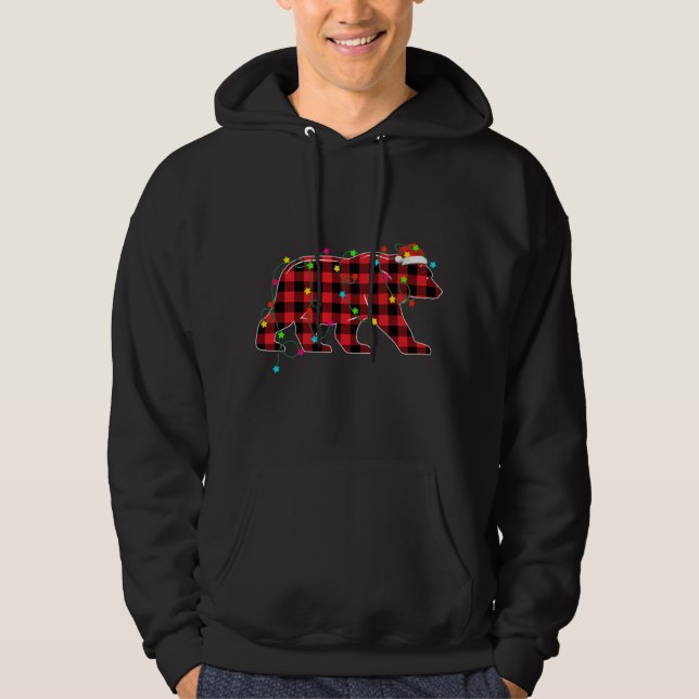 Funny Bear Christmas Tree Red Plaid Xmas Animals L Hoodie (Front)
