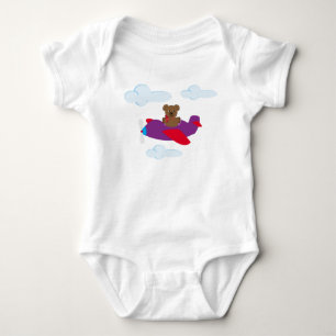 Funny bear flying by plane baby bodysuit