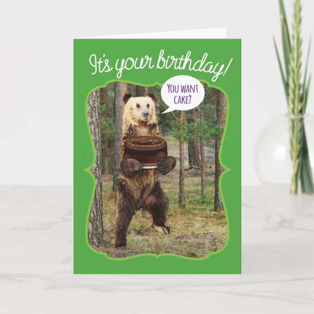 Funny Bear in the Woods With Birthday Cake Card (Front)