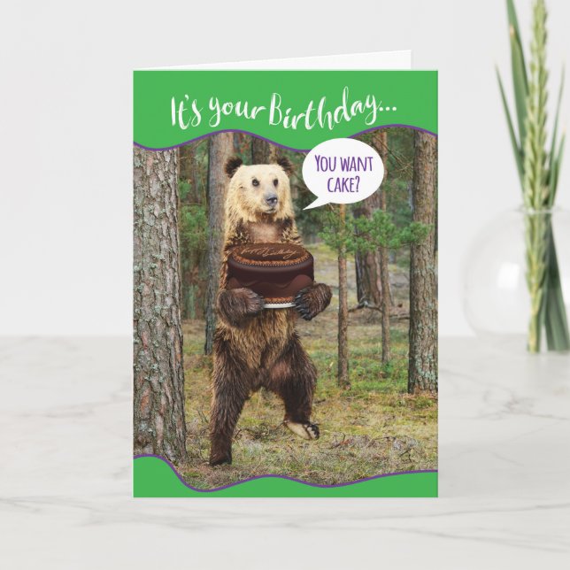 Funny Bear in the Woods With Birthday Cake Card (Front)