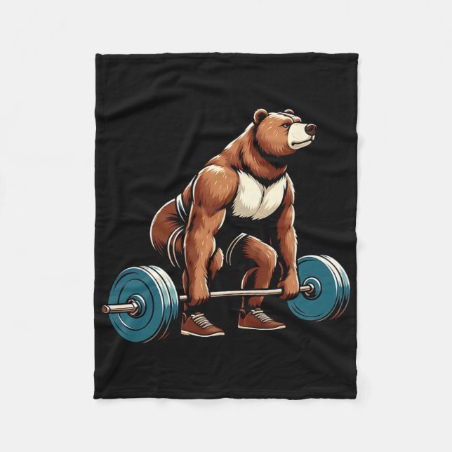 Funny Bear Lifting Weights Bodybuilding Workout Gy Fleece Blanket (Front)