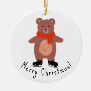 Funny bear on winter skates ceramic ornament
