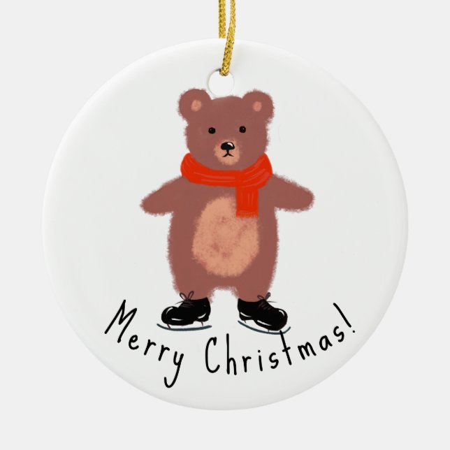 Funny bear on winter skates ceramic ornament (Front)