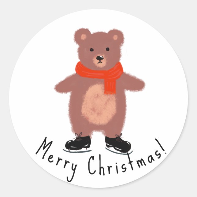Funny bear on winter skates classic round sticker (Front)