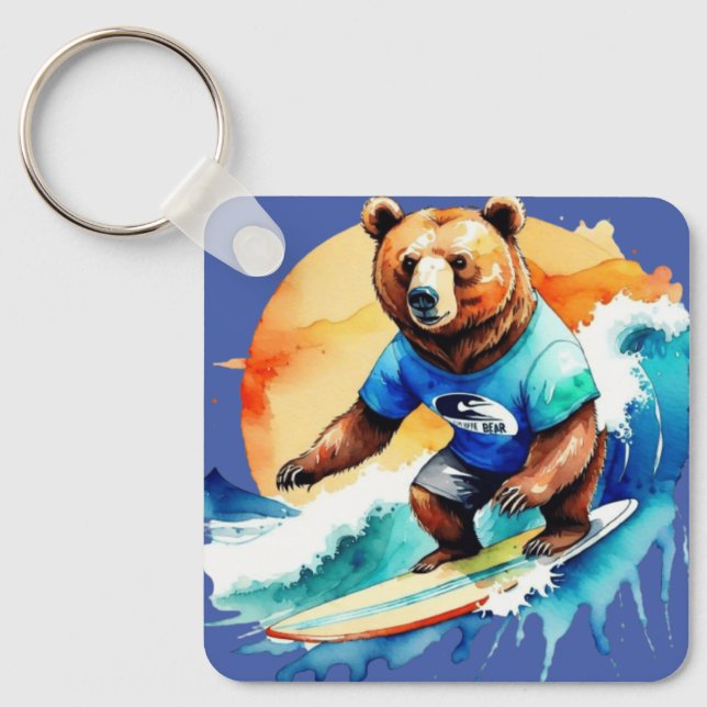 Funny bear surfing T-Shirt Keychain (Front)