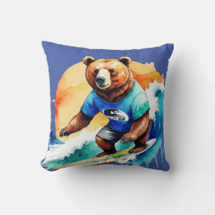 Funny bear surfing T-Shirt Throw Pillow