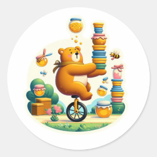 funny bear with bee classic round sticker