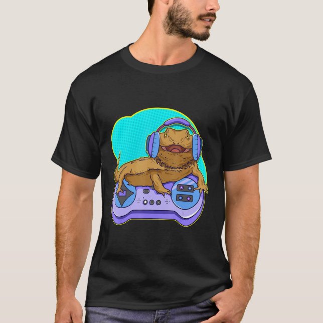 Funny Bearded Dragon Gamer Computer Game Player Li T-Shirt (Front)