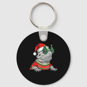 Funny Bearded Dragon Santa Hat Christmas Keychain