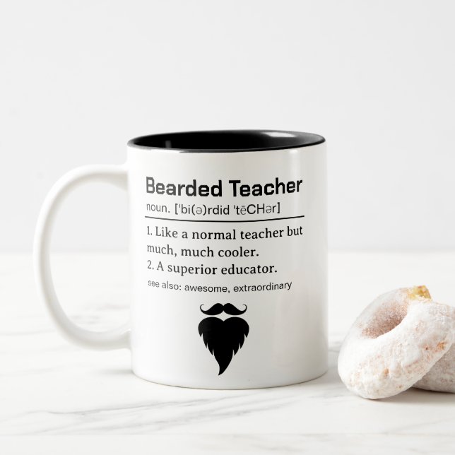 Funny Bearded Teacher Definition Two-Tone Coffee Mug (With Donut)