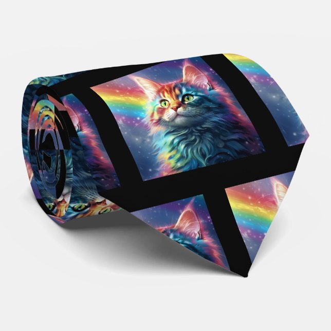 Funny Beautiful Rainbow Cat Painting Neck Tie (Rolled)