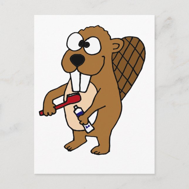 Funny Beaver Brushing Teeth Cartoon Postcard (Front)