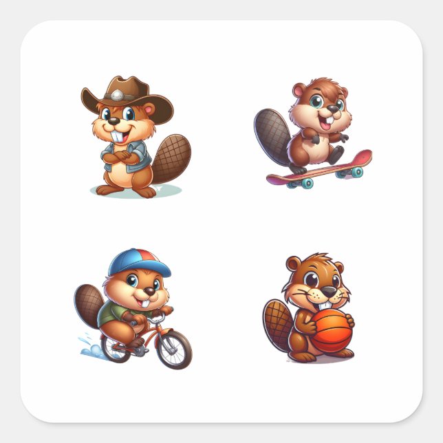 Funny Beaver Cartoon Character 4 Pack Stickers (Front)