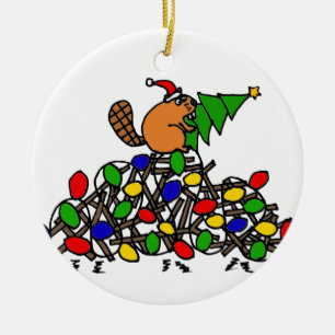 Funny Beaver Christmas Dam with Lights Ceramic Ornament
