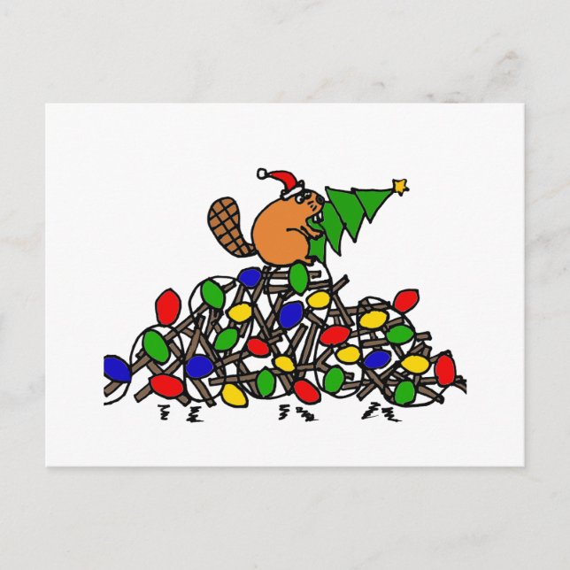 Funny Beaver Christmas Dam with Lights Holiday Postcard (Front)