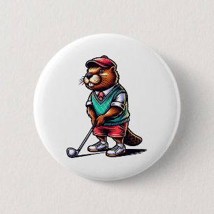 Funny Beaver Golfer Rodent Golfing Sports  2 Inch Round Button