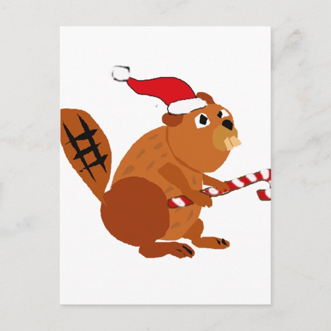 Funny Beaver in Santa Hat Christmas Art Holiday Postcard (Front)