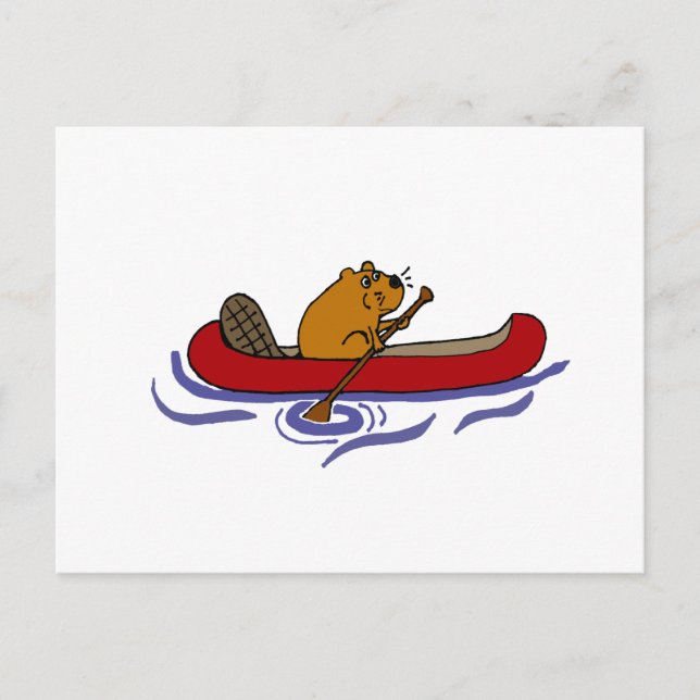 Funny Beaver Rowing in Red Canoe Postcard (Front)