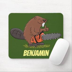 Funny beaver with chainsaw cartoon humor mouse pad