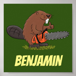 Funny beaver with chainsaw cartoon humor poster
