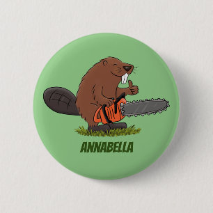 Funny beaver with chainsaw cartoon humour 2 inch round button