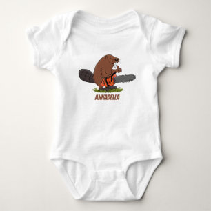 Funny beaver with chainsaw cartoon humour baby bodysuit