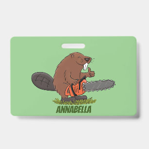 Funny beaver with chainsaw cartoon humour badge