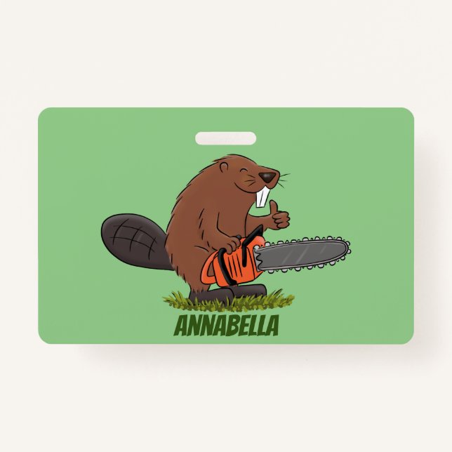 Funny beaver with chainsaw cartoon humour badge (Front)