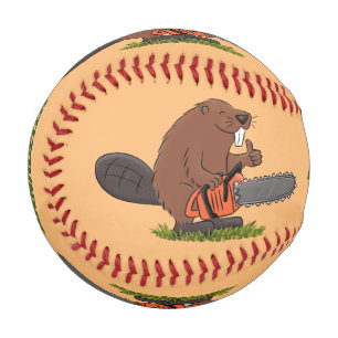 Funny beaver with chainsaw cartoon humour baseball