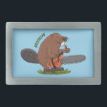Funny beaver with chainsaw cartoon humour belt buckle<br><div class="desc">This happy beaver is ready to build his lodge with a chainsaw. Drawn in fun cartoon illustration style!</div>