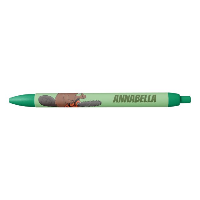 Funny beaver with chainsaw cartoon humour black ink pen (Front)