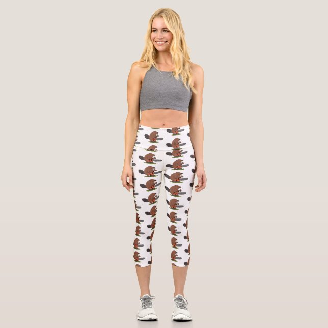 Funny beaver with chainsaw cartoon humour capri leggings (Front)