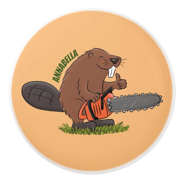Funny beaver with chainsaw cartoon humour ceramic knob (Front)
