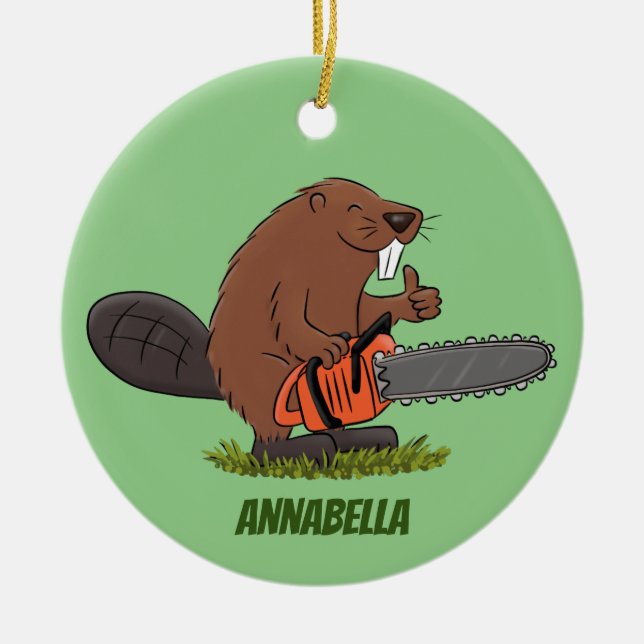 Funny beaver with chainsaw cartoon humour ceramic ornament (Front)