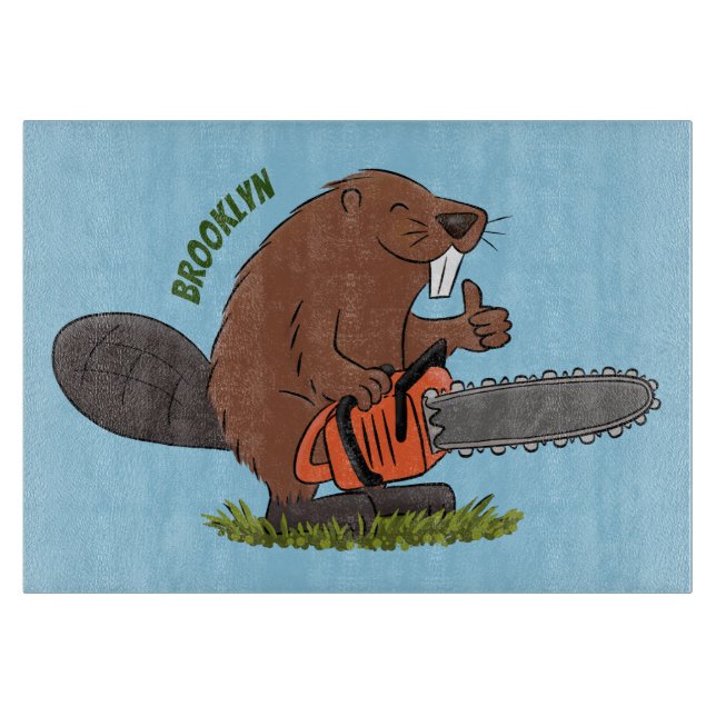 Funny beaver with chainsaw cartoon humour cutting board (Front)