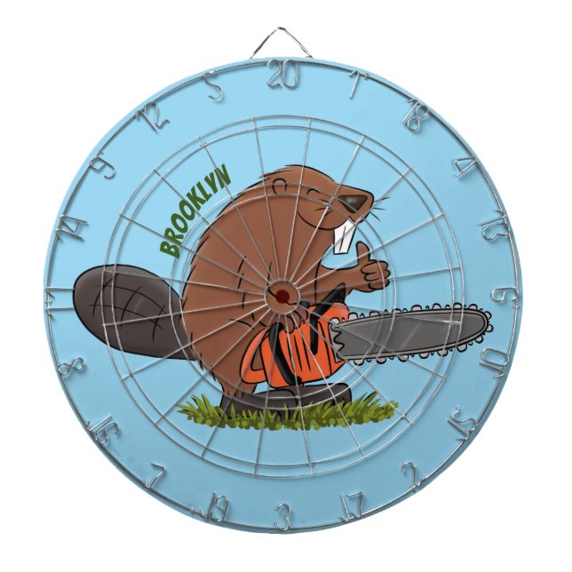 Funny beaver with chainsaw cartoon humour dartboard (Front)