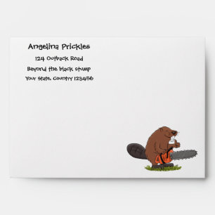 Funny beaver with chainsaw cartoon humour envelope