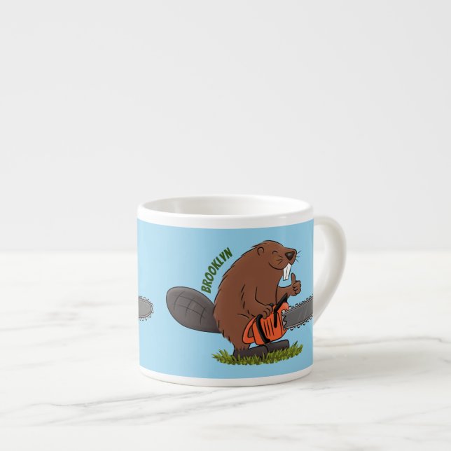 Funny beaver with chainsaw cartoon humour espresso cup (Front Right)